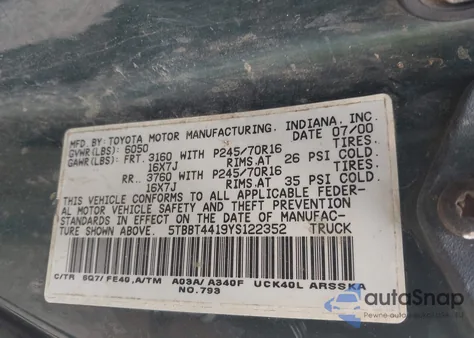 2000 Toyota Tundra Sr5 V8 из США, поврежденный, VIN 5TBBT4419YS122352